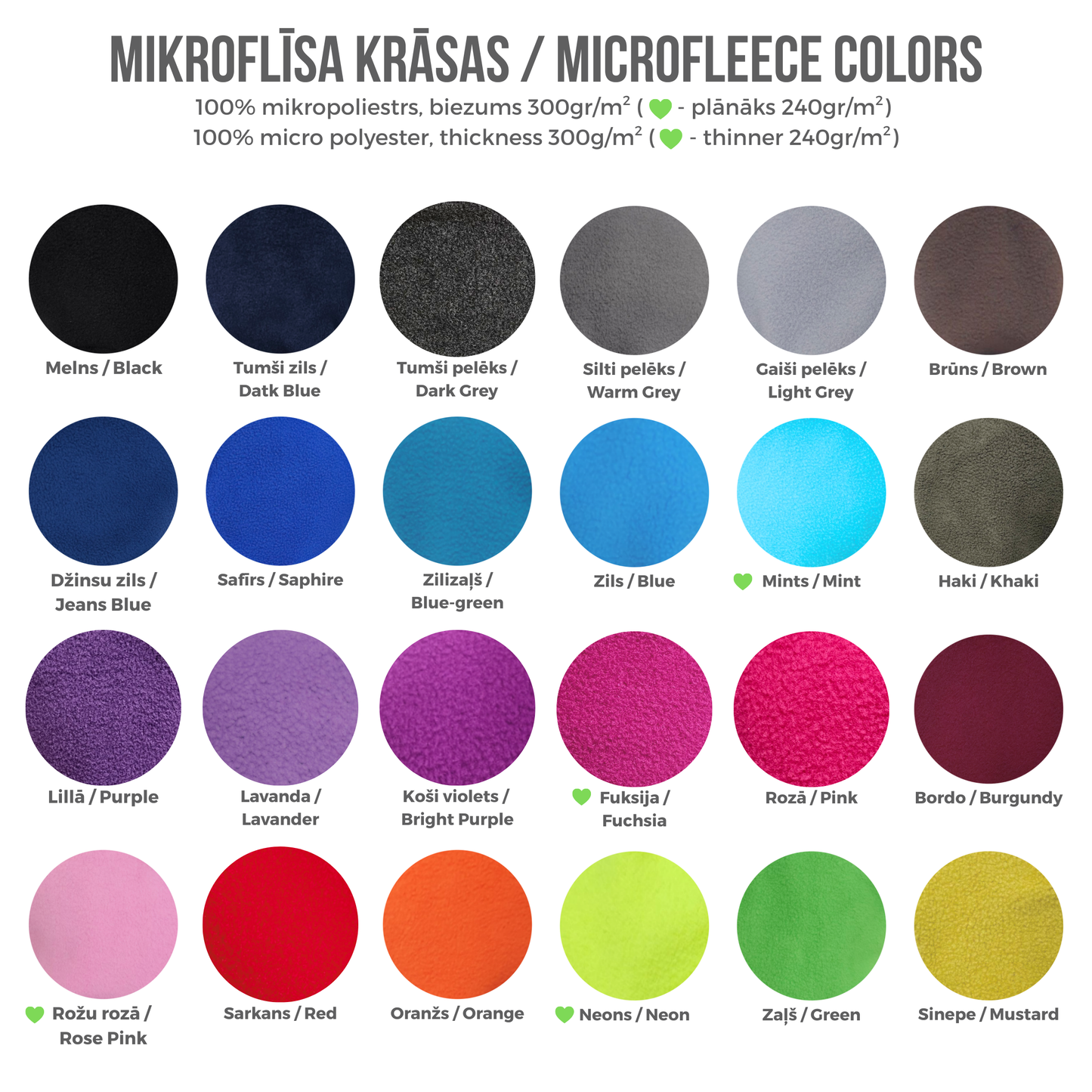 Color swatch chart for microfleece fabrics with various colors and names.