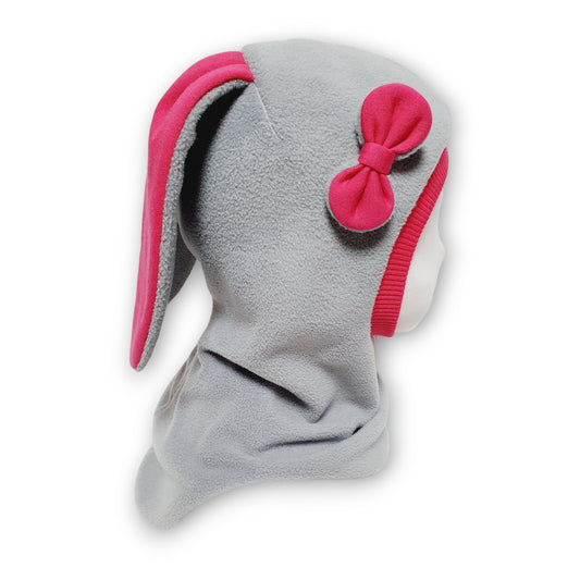 Winter Balaclava Light Grey Pink Bunny Ears From Side Look