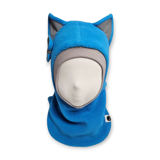 Winter Hat Cat Balaclava - Blue / Light Grey Border / Reflective Ears & Bow