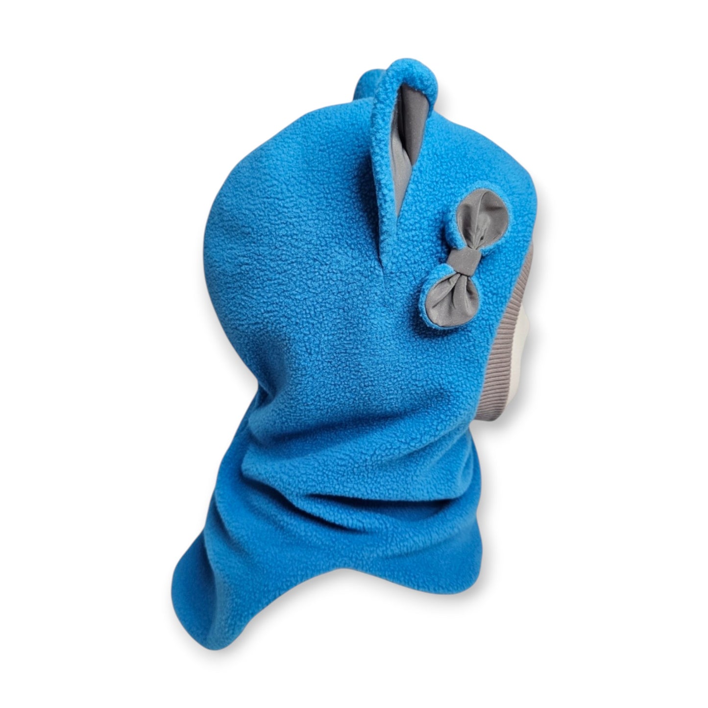 Winter Hat Cat Balaclava - Blue / Light Grey Border / Reflective Ears & Bow