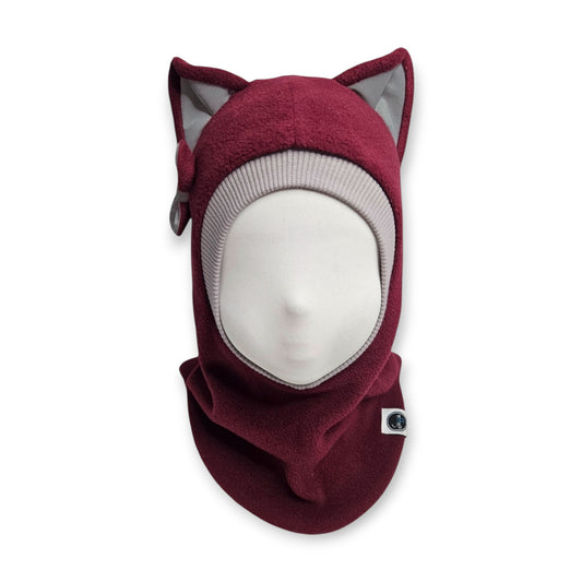 Winter Hat Cat Balaclava - Burgundy / Light Grey Border / Reflective Ears & Bow