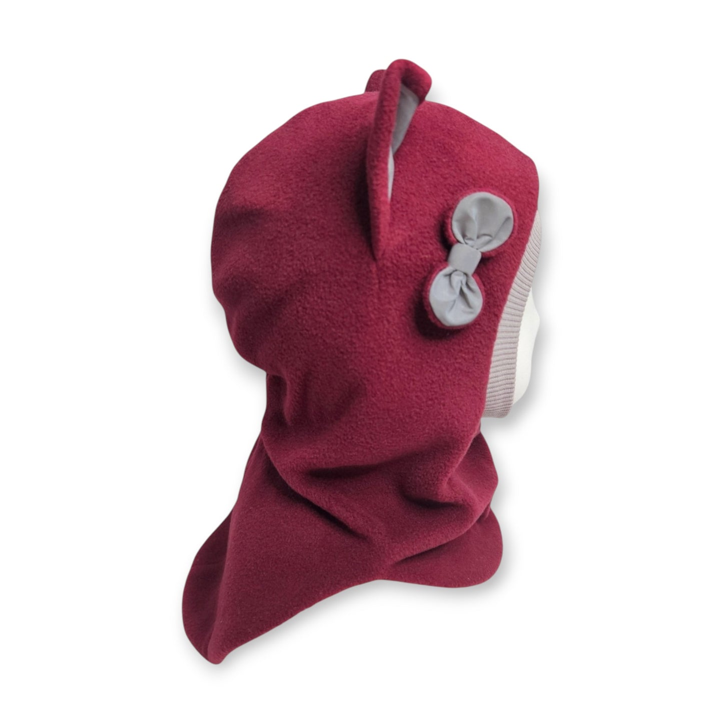 Ziemas Balaklava Cepure Kaķis - Bordo / Gaiši Pelēka Maliņa / Atstarojošas Ausis & Bantīte