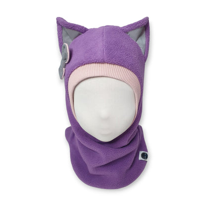 Winter Hat Cat Balaclava - Lavander / Dusty Grey Border / Reflective Ears & Bow