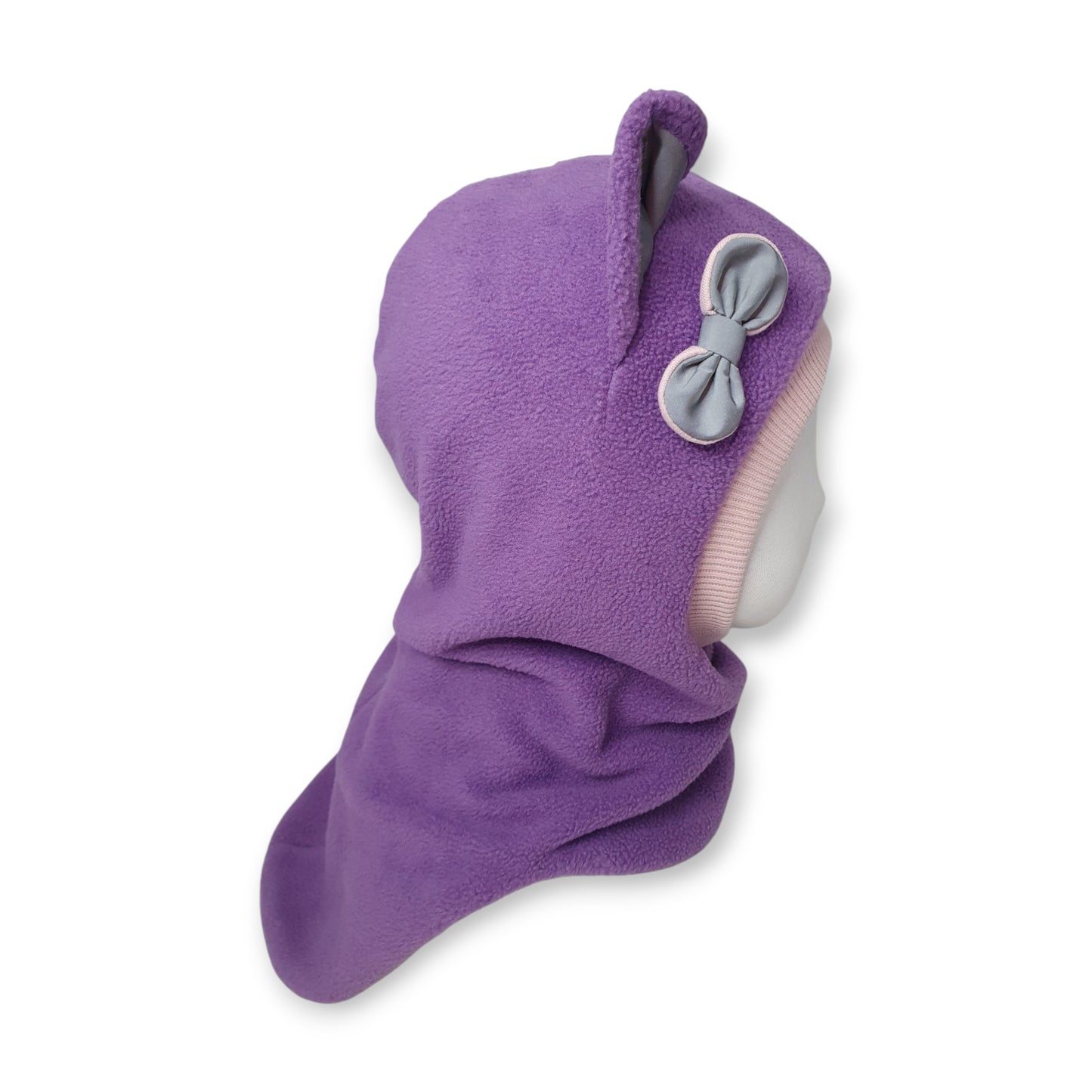 Winter Hat Cat Balaclava - Lavander / Dusty Grey Border / Reflective Ears & Bow