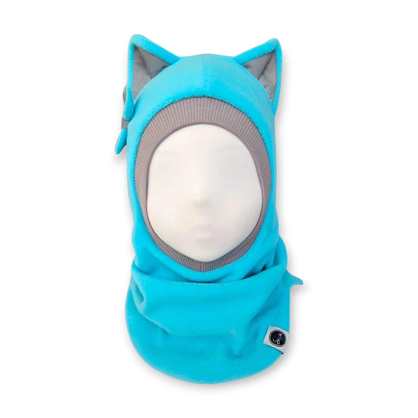 Winter Hat Cat Balaclava - Mint / Light Grey Border / Reflective Ears & Bow