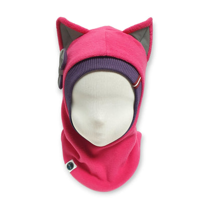Winter Hat Cat Balaclava - Pink / Plum Border / Reflective Ears & Bow