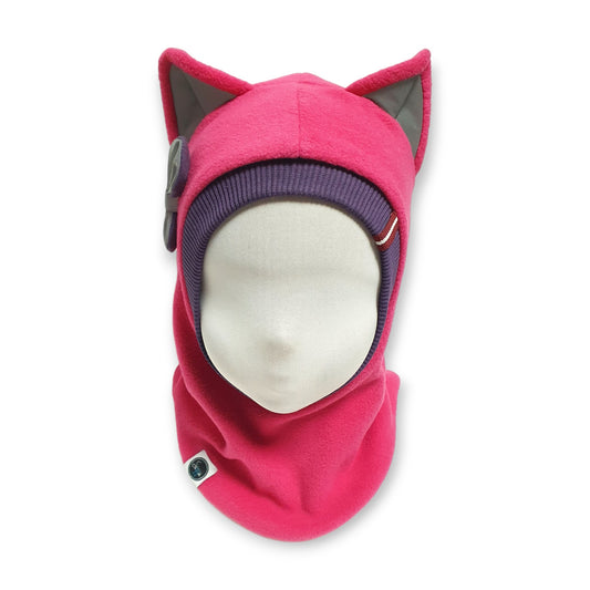 Winter Hat Cat Balaclava - Pink / Plum Border / Reflective Ears & Bow