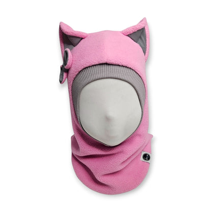 Winter Hat Cat Balaclava - Rose Pink / Light Grey Border / Reflective Ears & Bow