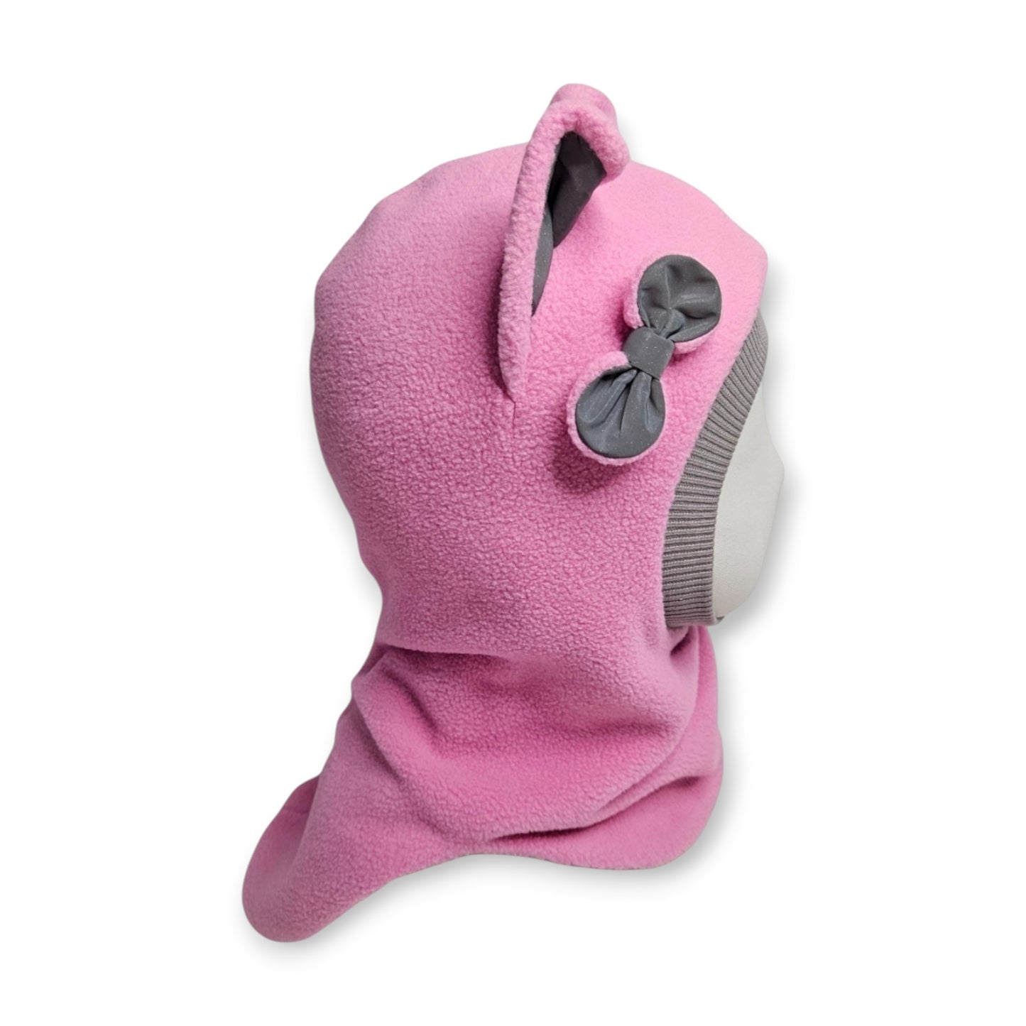 Winter Hat Cat Balaclava - Rose Pink / Light Grey Border / Reflective Ears & Bow