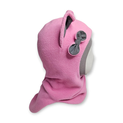 Winter Hat Cat Balaclava - Rose Pink / Light Grey Border / Reflective Ears & Bow