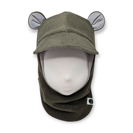 Winter Visor Hat Bear Balaclava - Khaki / Light Grey Border