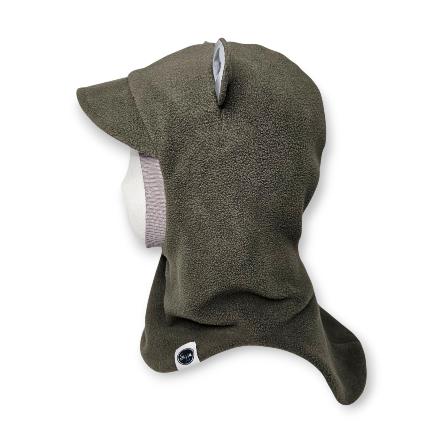 Winter Visor Hat Bear Balaclava - Khaki / Light Grey Border