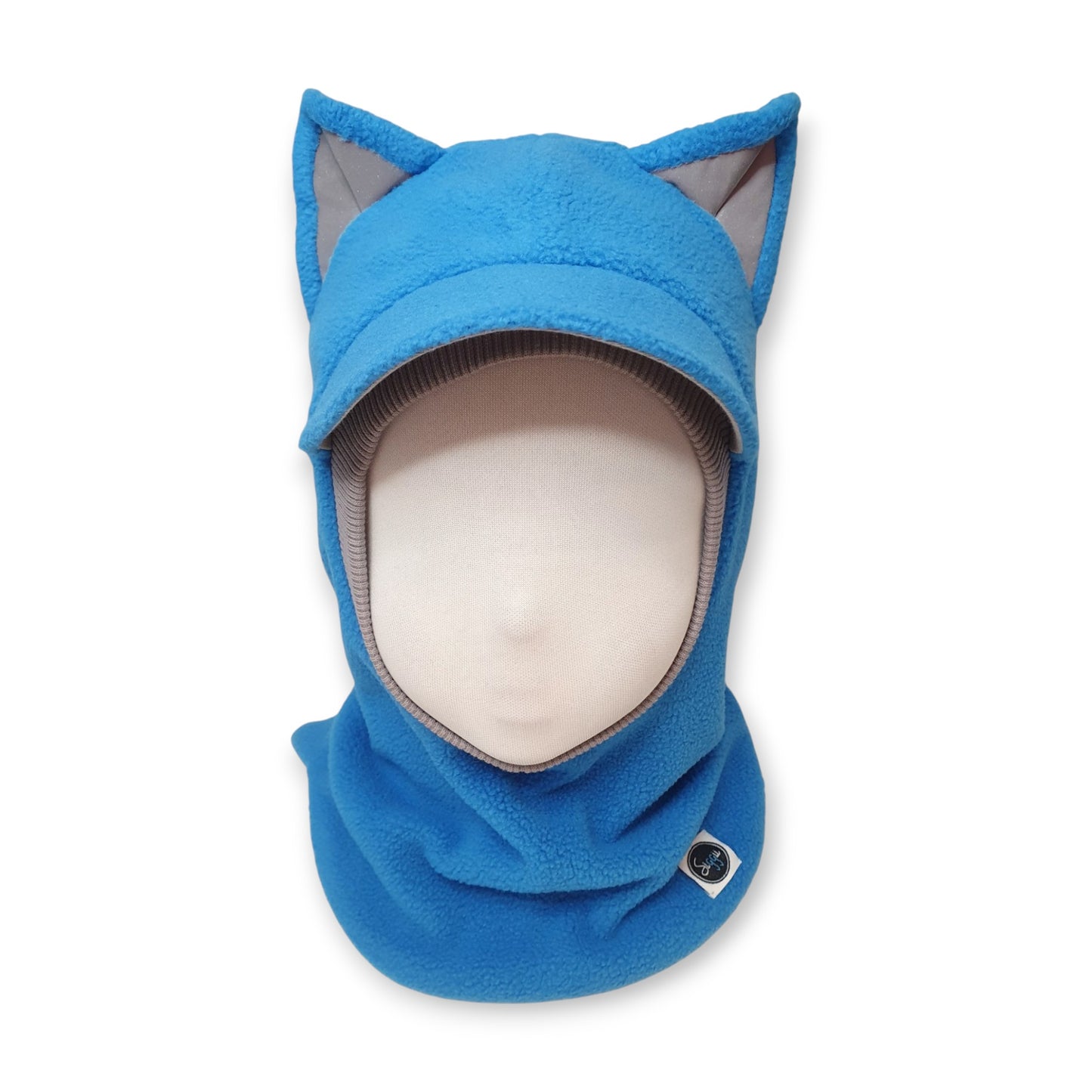 Winter Visor Hat Cat Balaclava - Blue / Light Grey Border / Reflective Ears