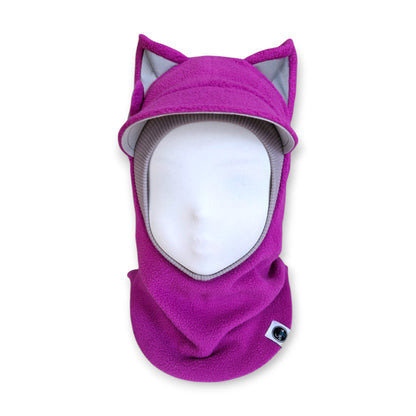 Winter Visor Hat Cat Balaclava - Bright Purple / Light Grey Border / Reflective Ears & Bow
