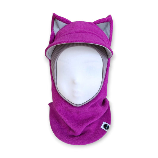 Winter Visor Hat Cat Balaclava - Bright Purple / Light Grey Border / Reflective Ears & Bow