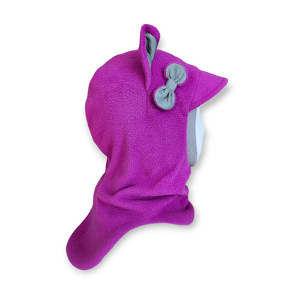 Winter Visor Hat Cat Balaclava - Bright Purple / Light Grey Border / Reflective Ears & Bow
