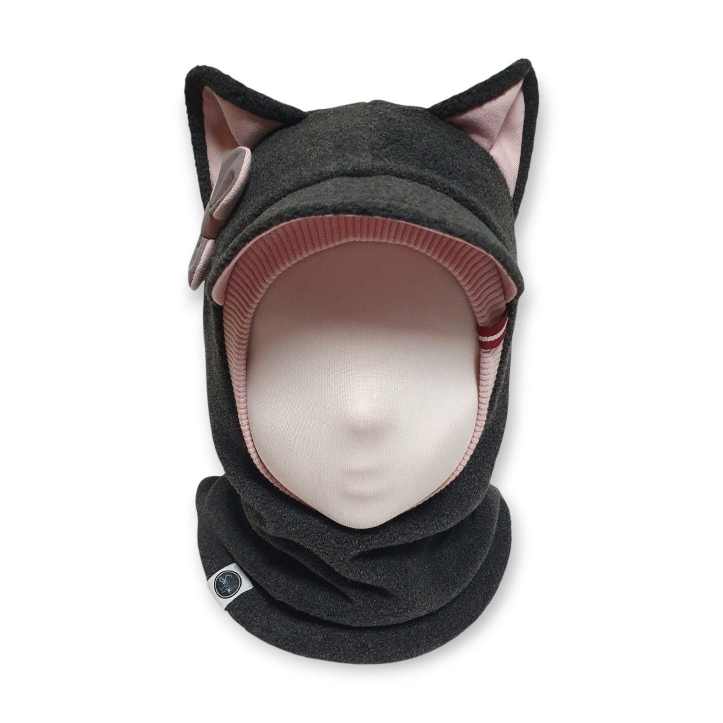 Winter Visor Hat Cat Balaclava - Dark Grey / Dusty Pink Border & Ears / Reflective Bow