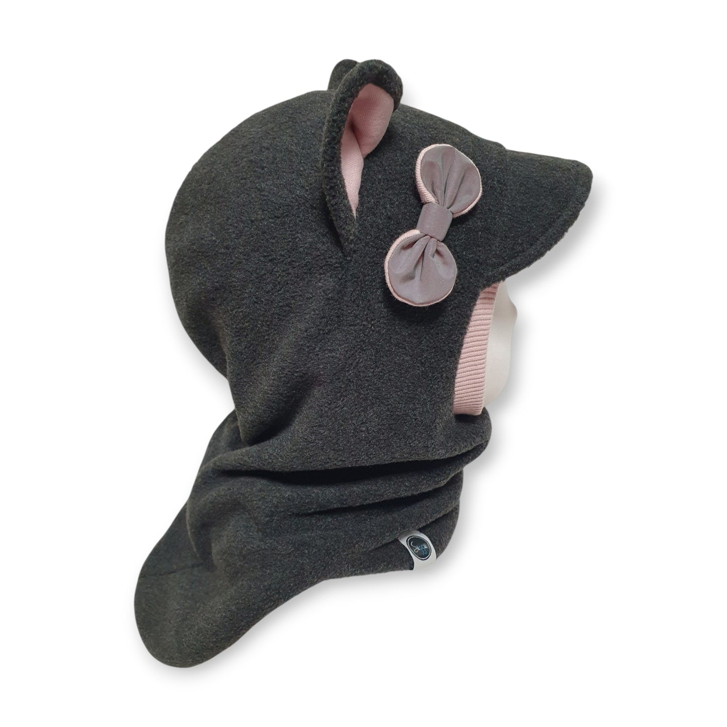 Winter Visor Hat Cat Balaclava - Dark Grey / Dusty Pink Border & Ears / Reflective Bow