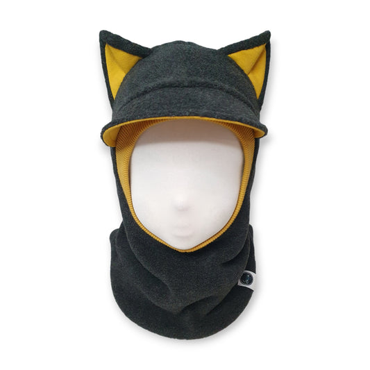 Winter Visor Hat Cat Balaclava - Dark Grey / Mustard Details