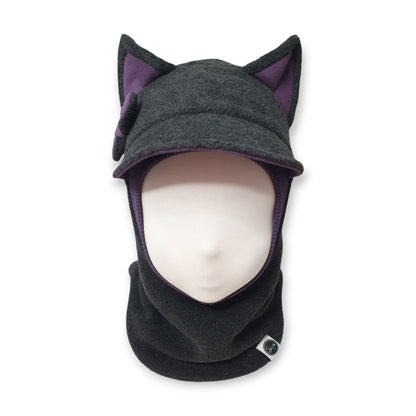 Winter Visor Hat Cat Balaclava - Dark Grey / Plum Details