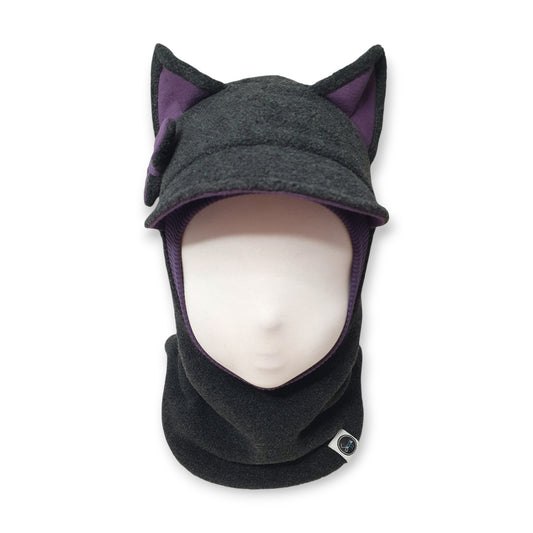 Winter Visor Hat Cat Balaclava - Dark Grey / Plum Details