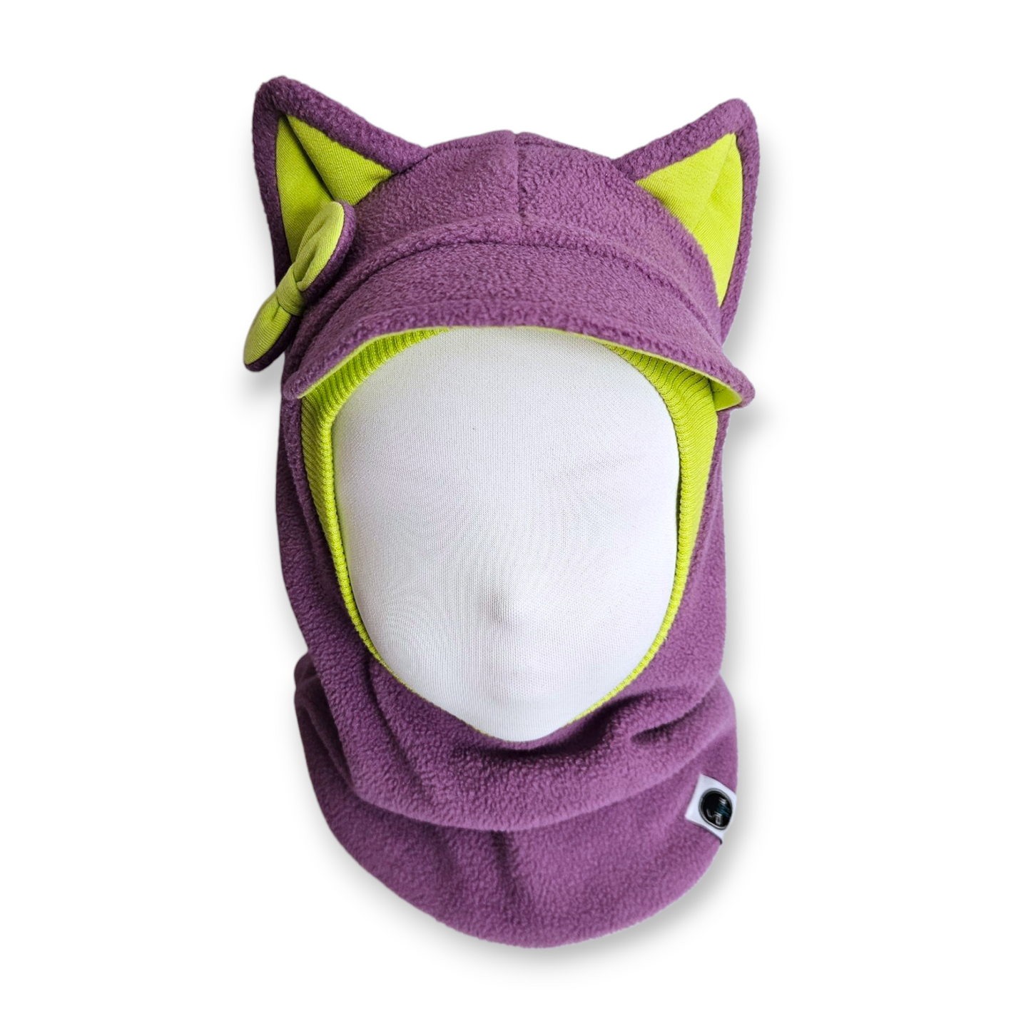 Winter Visor Hat Cat Balaclava - Lavander / Bright Green Border