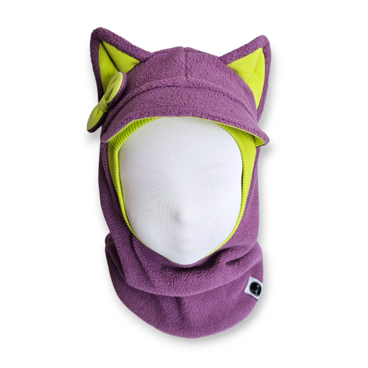 Winter Visor Hat Cat Balaclava - Lavander / Bright Green Border