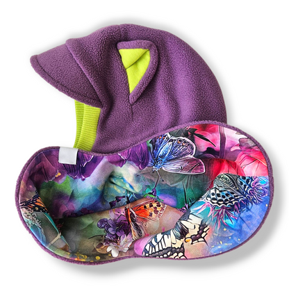 Winter Visor Hat Cat Balaclava - Lavander / Bright Green Border
