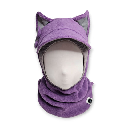 Winter Visor Hat Cat Balaclava - Lavander / Light Grey Border / Reflective Ears & Bow