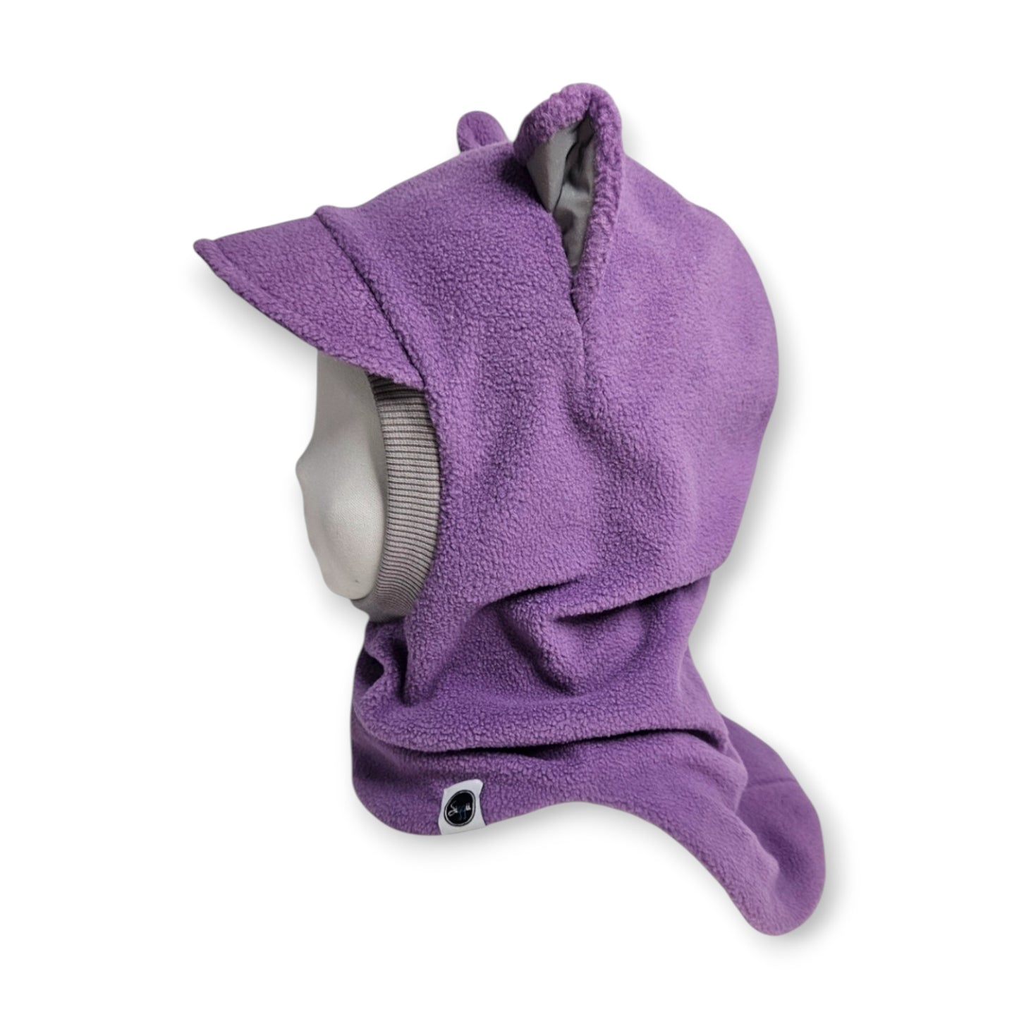 Winter Visor Hat Cat Balaclava - Lavander / Light Grey Border / Reflective Ears & Bow