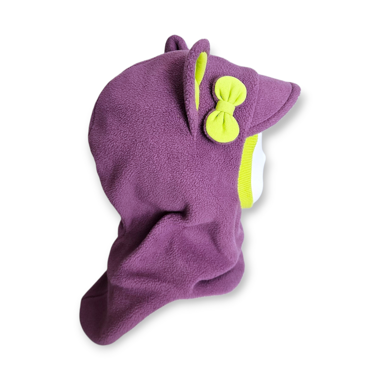 Winter Visor Hat Cat Balaclava - Lavander / Bright Green Border