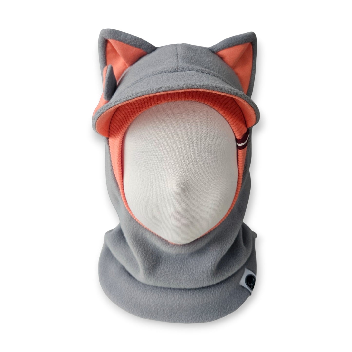 Winter Visor Hat Cat Balaclava - Light Grey / Coral Details