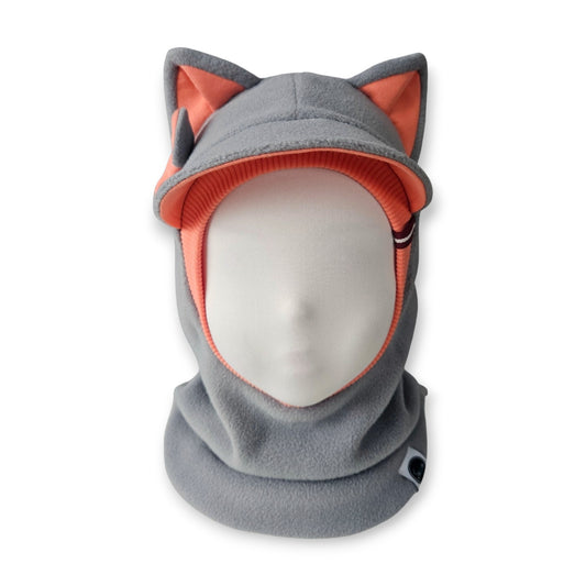 Winter Visor Hat Cat Balaclava - Light Grey / Coral Details