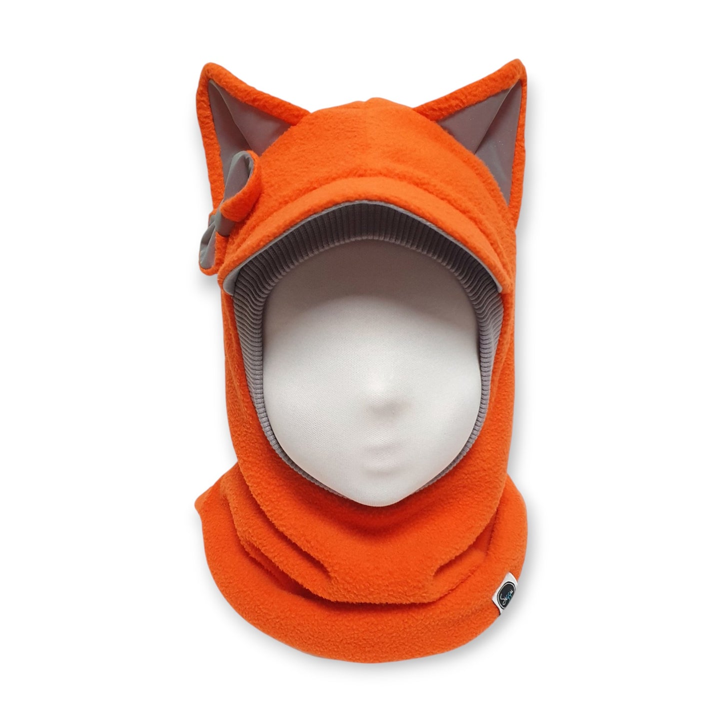 Winter Visor Hat Cat Balaclava - Orange / Light Grey Border / Reflective Ears & Bow