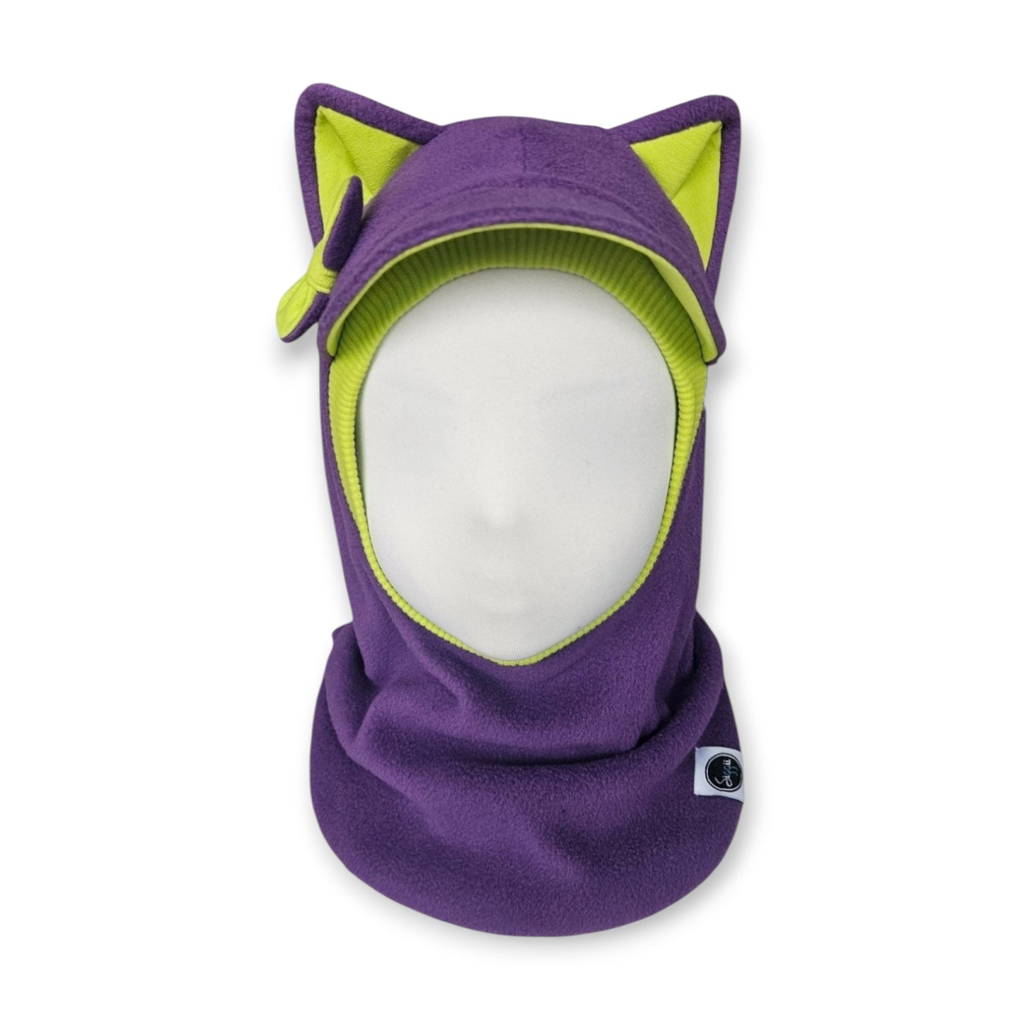 Winter Visor Hat Cat Balaclava - Purple / Bright Green Border