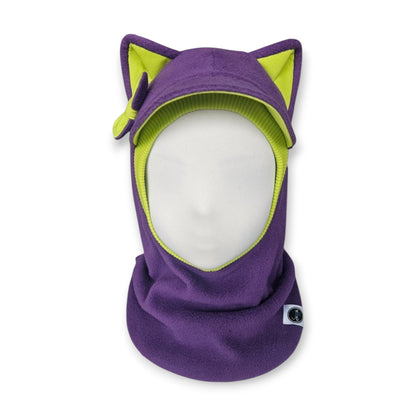 Winter Visor Hat Cat Balaclava - Purple / Bright Green Border