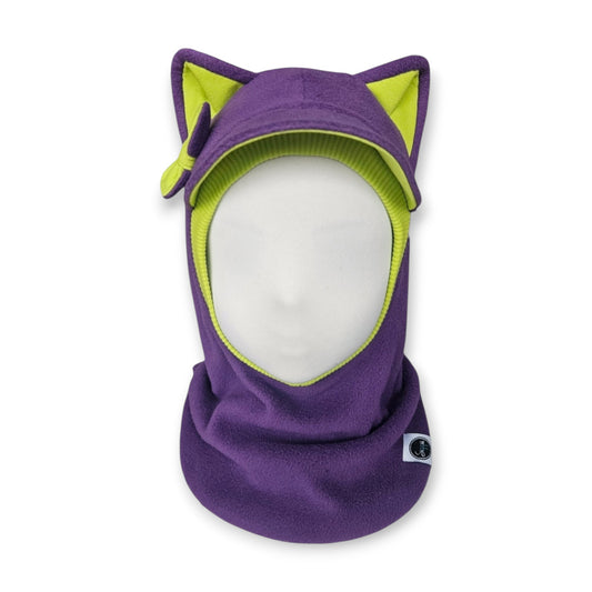 Winter Visor Hat Cat Balaclava - Purple / Bright Green Border