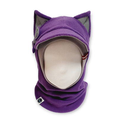 Winter Visor Hat Cat Balaclava - Purple / Light Grey / Reflective Ears