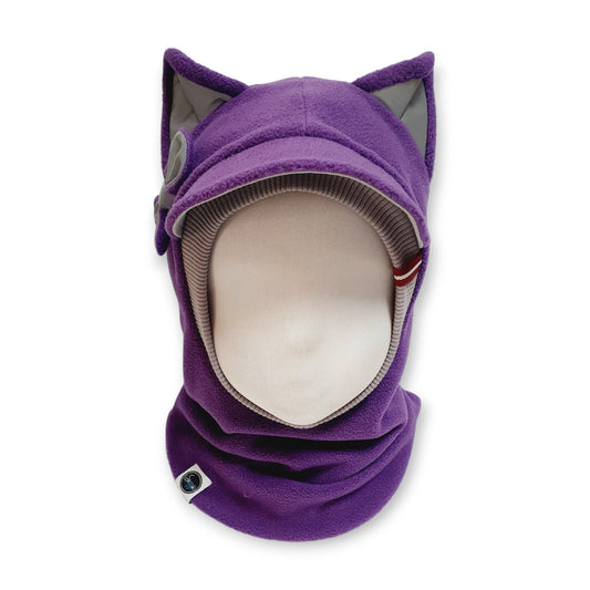 Winter Visor Hat Cat Balaclava - Purple / Light Grey / Reflective Ears