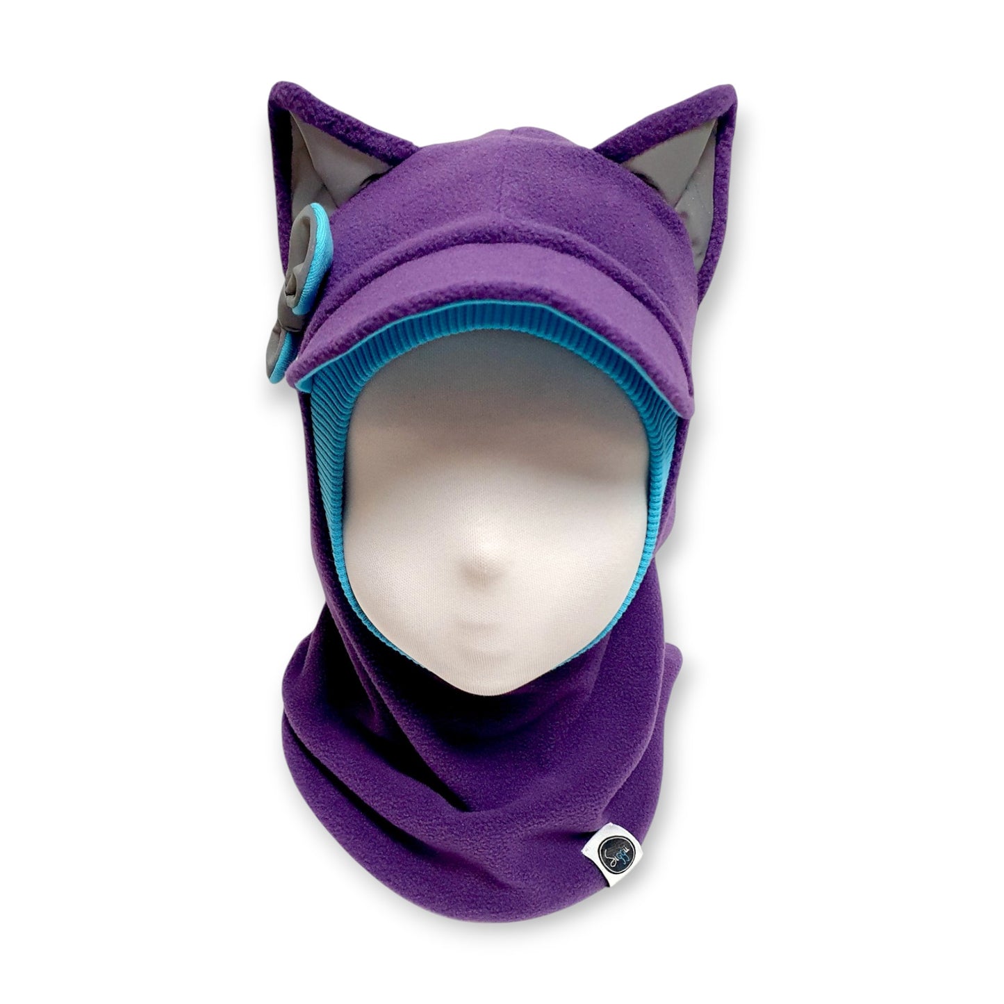 Winter Visor Hat Cat Balaclava - Purple / Mint / Reflective Ears and Bow