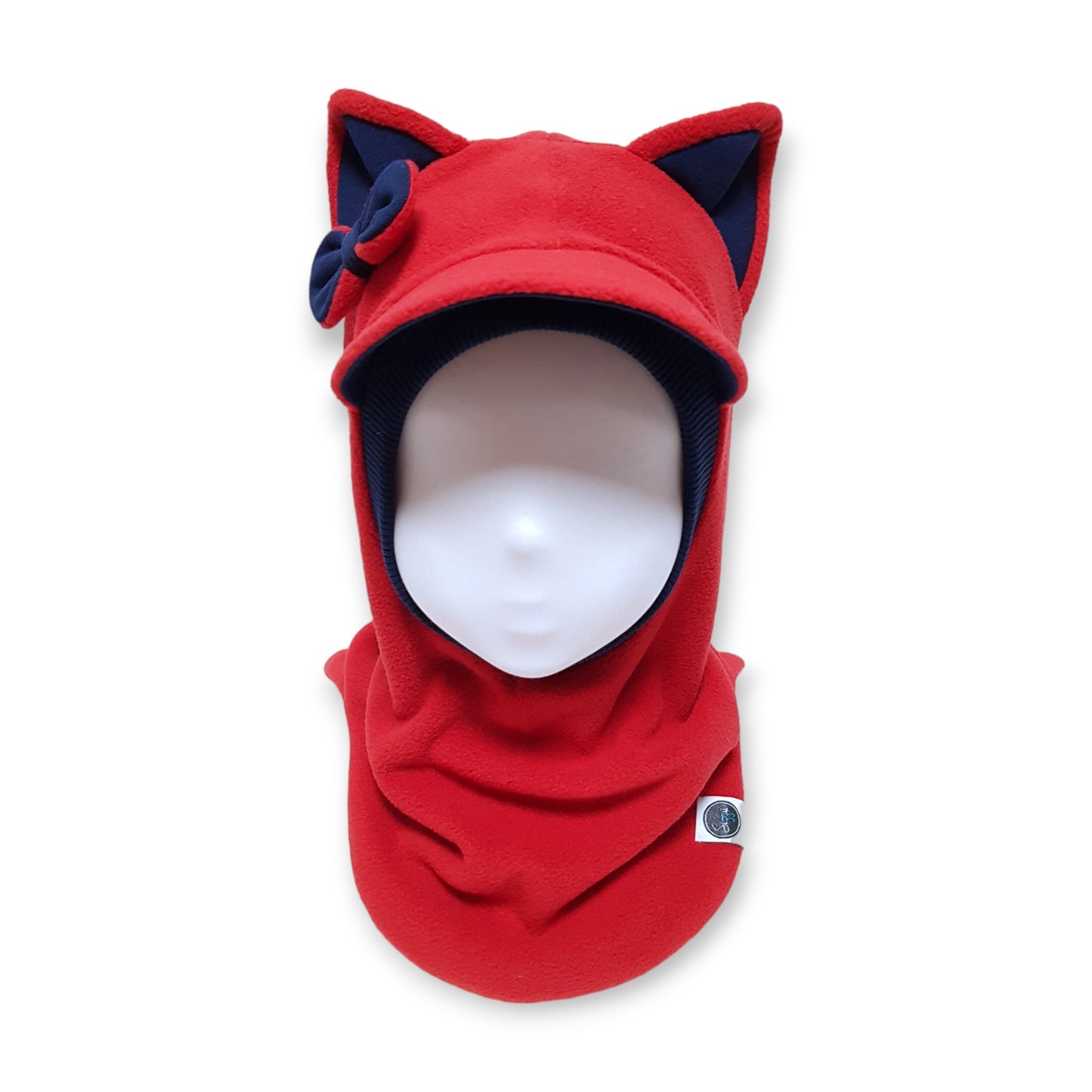Winter Visor Hat Cat Balaclava - Red / Dark Blue Details