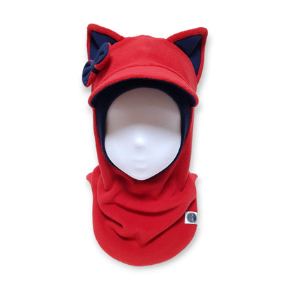 Winter Visor Hat Cat Balaclava - Red / Dark Blue Details