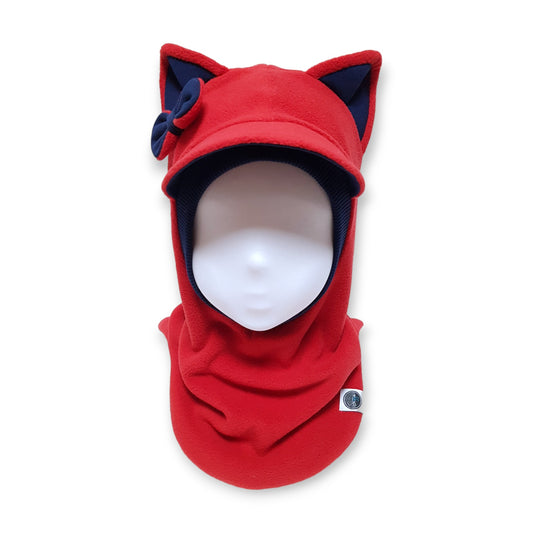 Winter Visor Hat Cat Balaclava - Red / Dark Blue Details