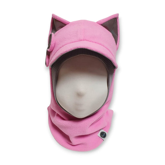 Winter Visor Hat Cat Balaclava - Rose Pink / Light Grey Border / Reflective Ears & Bow