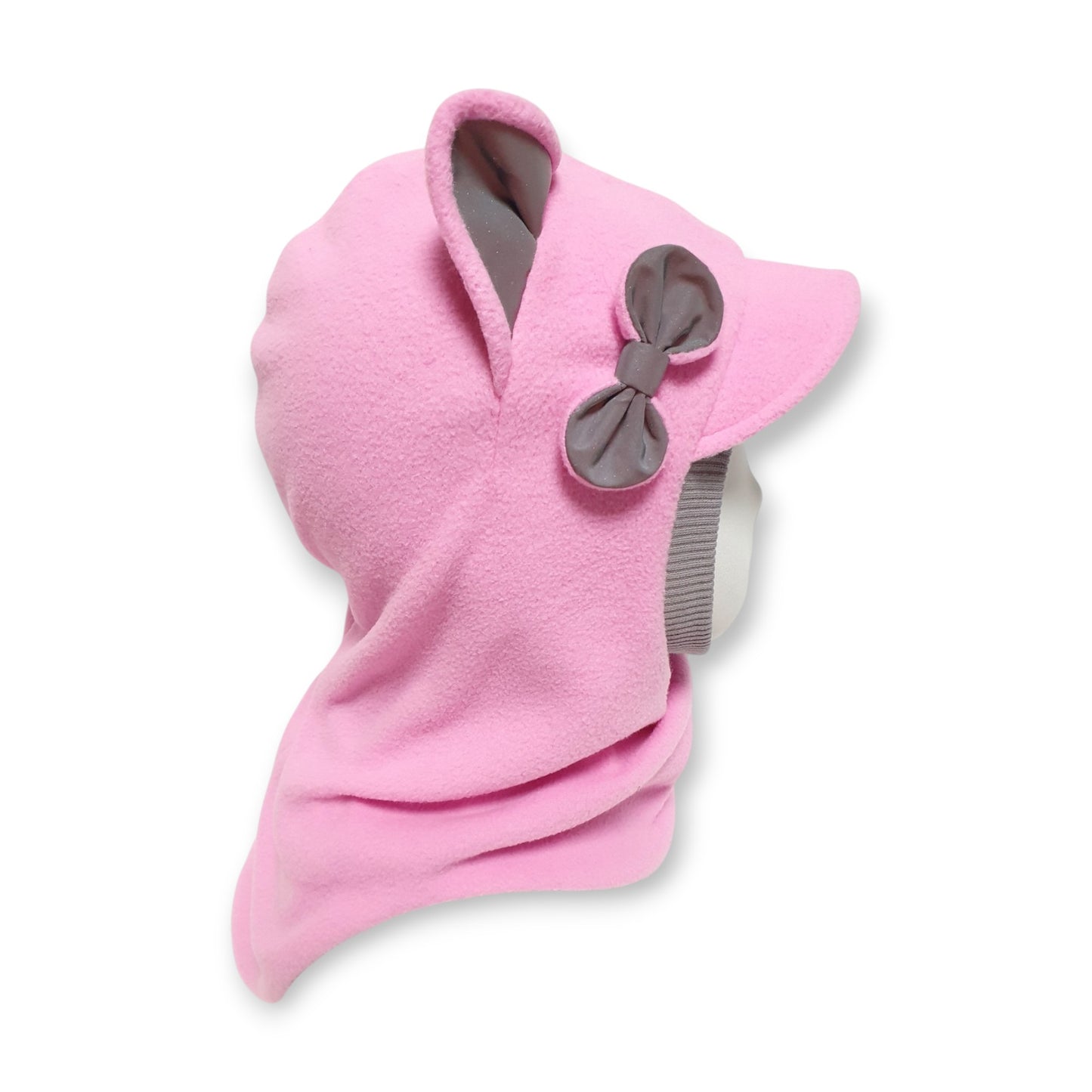 Winter Visor Hat Cat Balaclava - Rose Pink / Light Grey Border / Reflective Ears & Bow