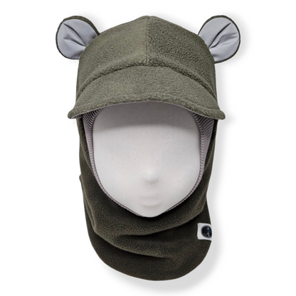 Winter Balaclava Bear Visor Hat - Khaki / Light Grey / Reflective Ears