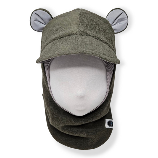Winter Balaclava Bear Visor Hat - Khaki / Light Grey / Reflective Ears